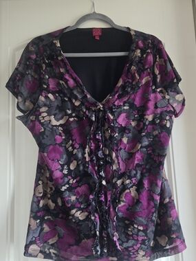 212 Collection Purple and Black Floral Ruffle V-Neck Blouse